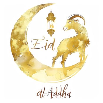 Illustration for Eid al-Adha featuring a golden crescent, ornate lantern, and a stylized goat