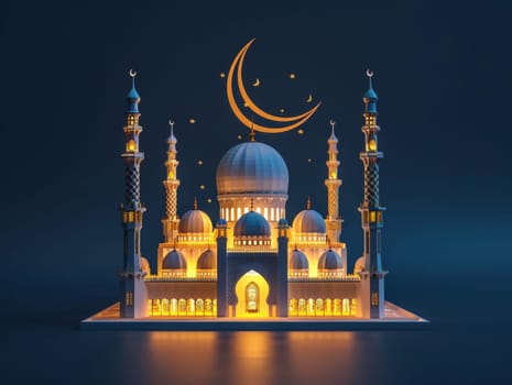 A 3D illustration of an illuminated mosque with crescent moons, capturing the tranquil essence of a spiritual night during Eid celebrations