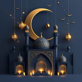 Dramatic depiction of a mosque under a large golden moon with stars and hanging lanterns