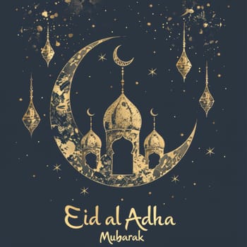 A vintage-style Eid al-Adha illustration with a textured crescent moon embracing mosque silhouettes, encapsulating the holidays rich heritage