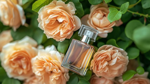 Perfume bottle in flowers, fragrance on blooming background, floral scent and cosmetic product idea