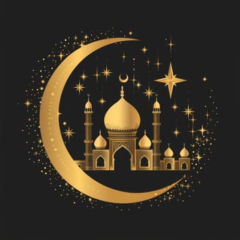 A radiant golden crescent encircling a detailed mosque illustration, set against a backdrop of stars, creating a festive mood for Eid al-Adha