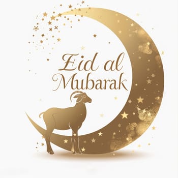 A stylish Eid Mubarak greeting card featuring a golden crescent and a silhouette of a ram, sprinkled with stars on a cream background