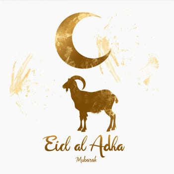 A rustic and textured Eid al-Adha card design with a golden crescent moon and a goat silhouette, reflecting the simplicity and spirit of the festival