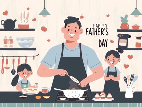 A delightful illustration of a father and children enjoying cooking a Fathers Day breakfast