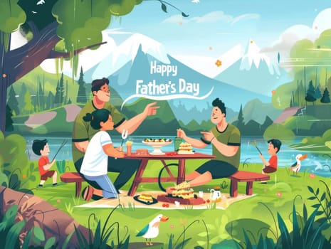 A delightful illustration depicting a family picnic by a lake with mountains in the background, celebrating Fathers Day in nature