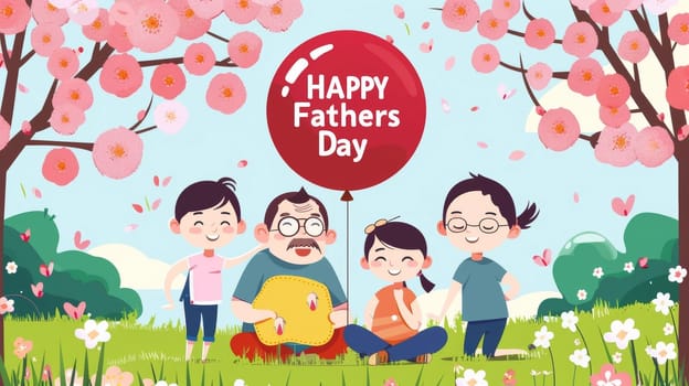 Family celebrates Fathers Day outdoors with a festive balloon, sharing a picnic and smiles among a blooming cherry blossom background