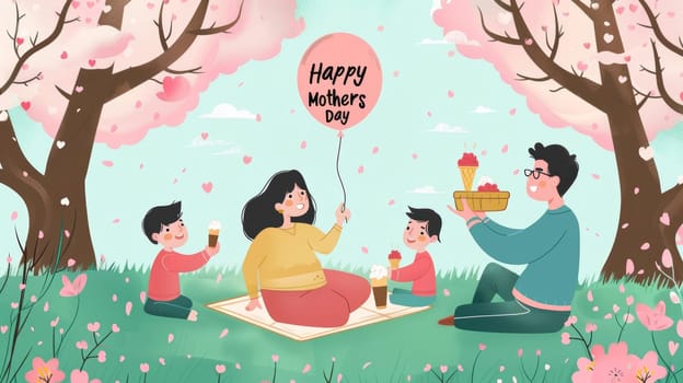 A vibrant illustration of a family enjoying a picnic under cherry blossoms with Happy Mothers Day wishes, highlighting love and togetherness