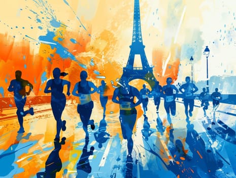 The serene morning light of Paris sets the stage for marathon runners, with a watercolor-like Eiffel Tower backdrop and vibrant hues