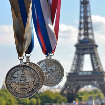 A trio of medals with colorful ribbons is featured with the Eiffel Tower in the background under a sunny sky