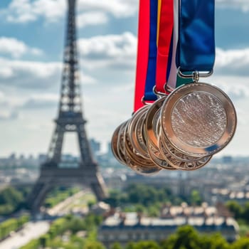 Multiple marathon medals with embossed designs are displayed in a row, showcasing the Eiffel Tower in the distance