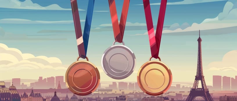 The silhouette of medals against a pastel-hued Paris skyline with the Eiffel Tower standing tall, evoking the prestige of athletic competitions