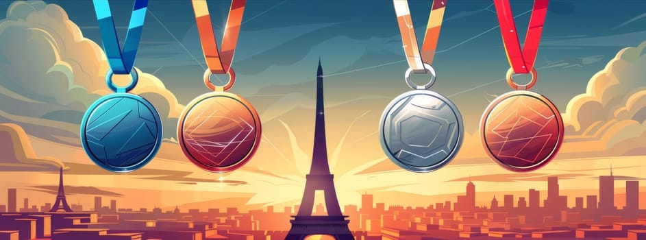 A series of sports medals basking in the warm sunrise over Paris, each reflecting the triumph of athletes with the Eiffel Tower in the distance