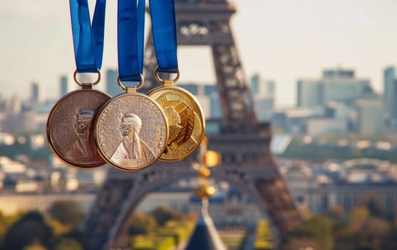 Close-up of textured silver, gold, and bronze medals with blue ribbons, with the Eiffel Tower and Paris skyline in the distance