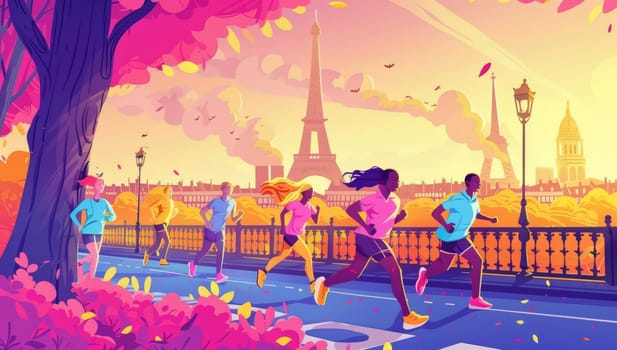 Colorful runners dash along a Parisian riverbank at sunset, with the silhouettes of the Eiffel Tower and historic architecture framing the vibrant scene