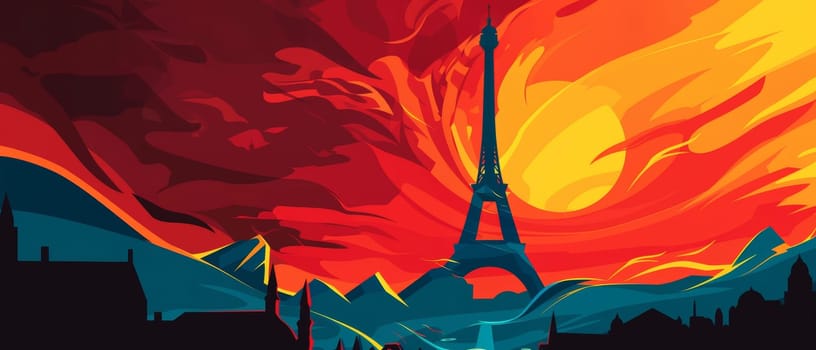 Graphic representation of the Eiffel Tower with a fiery backdrop, mixing reds and oranges to evoke a sense of drama against the Paris silhouette