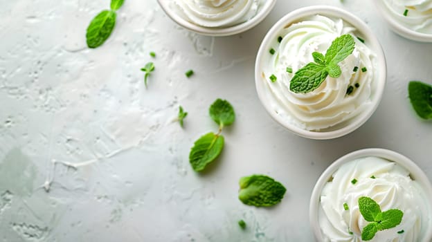 Homemade creamy mint ice cream in an ice cream bowl with fresh mint leaves. AI generated.