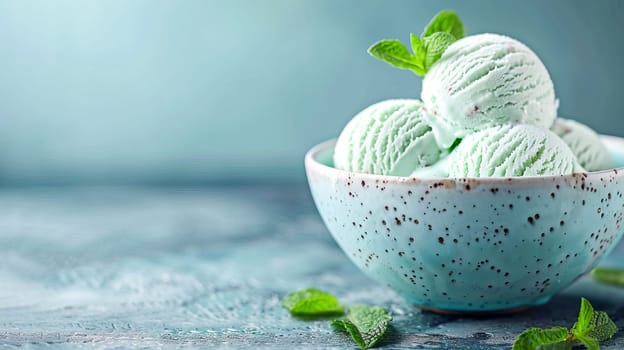 Homemade creamy mint ice cream in an ice cream bowl with fresh mint leaves. AI generated.