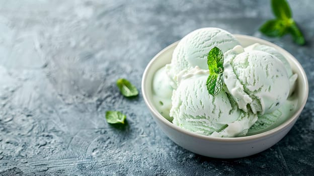 Homemade creamy mint ice cream in an ice cream bowl with fresh mint leaves. AI generated.