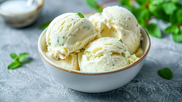 Homemade creamy mint ice cream in an ice cream bowl with fresh mint leaves. AI generated.
