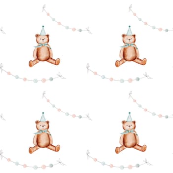 Teddy bear toy pattern. Watercolor seamless illustration hand drawing. Drawing of a cute animal with a festive garland. Ideal for diapers, wrapping paper, baby shower decorations and textiles