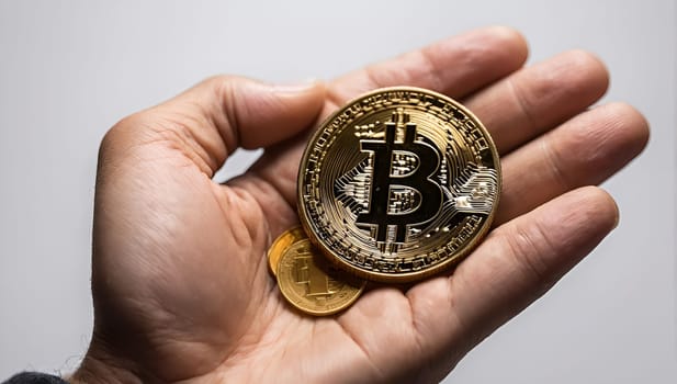 The bitcoin gold coin is in the palm of your hand