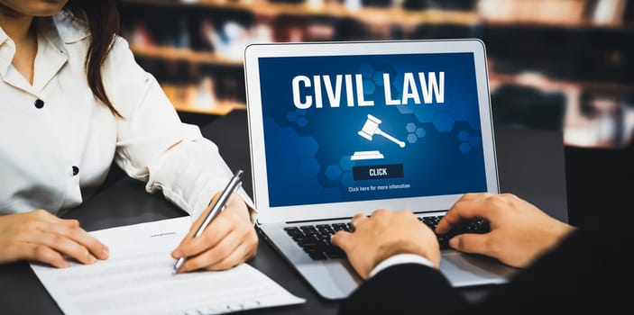 Civil law savvy information showing on laptop computer screen for Common Justice Legal Regulation Rights Concept