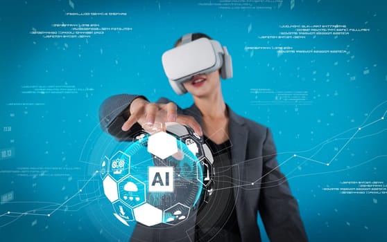 Project manager using visual reality goggle while holding AI generative. Businesswoman looking at artificial intelligent generative while coding engineering prompt and programing system. Contraption.