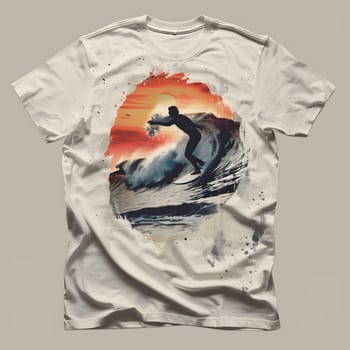 A white tshirt featuring a surfer depicted in a creative arts painting, enhanced with liquid Carmine accents. The sleeve design adds a unique touch to the artistic gesture