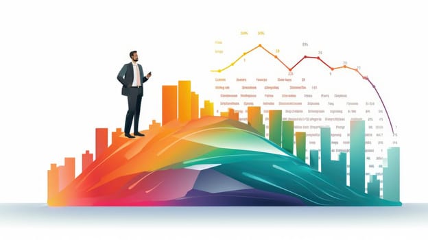 Credit score cartoon illustration - AI generated. Businessman, colorful, chart, percent.