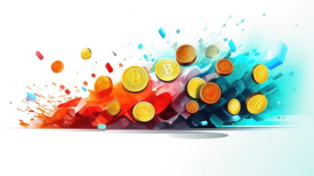 Cryptocurrency surge cartoon illustration - AI generated. Golden, bitcoin, colorful, splash.