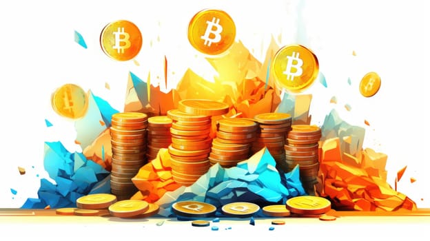 Cryptocurrency surge cartoon illustration - AI generated. Golden, bitcoin, colorful, splash.