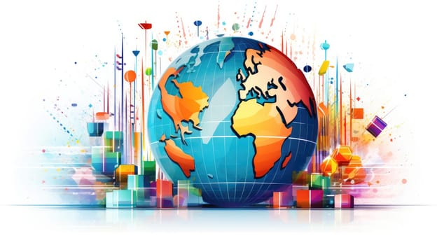 Global market cartoon illustration - AI generated. Globe, sphere, colorful, blocks.