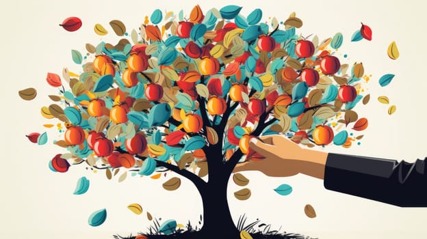 Investment harvest cartoon illustration - AI generated. Tree, colorful, hand, apples.