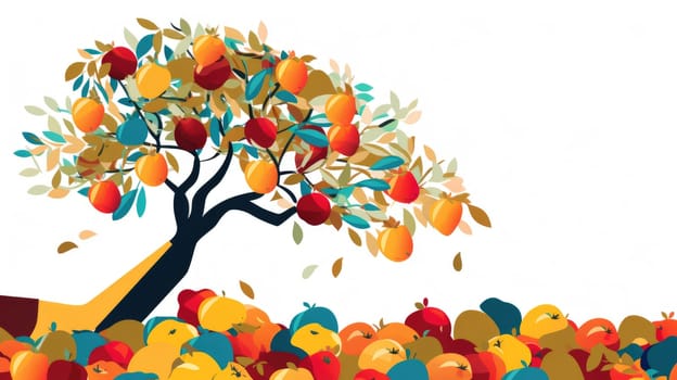 Investment harvest cartoon illustration - AI generated. Tree, colorful, hand, apples.