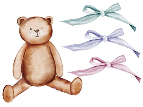 Teddy bear toy set. Watercolor illustration hand drawing. Clip art of a bear with colorful bows isolated on a white background. Children's design. Ideal for birthday, baby shower and baptism invitations and cards, as well as tags. High quality photo