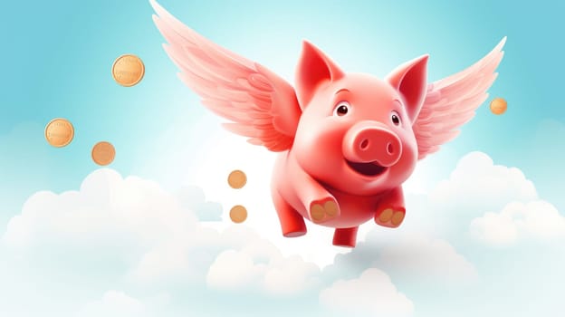 Piggy bank dreams cartoon illustration - AI generated. Piggy, wings, clouds, coin.