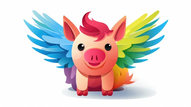 Piggy bank dreams cartoon illustration - AI generated. Piggy, wings, clouds, coin.