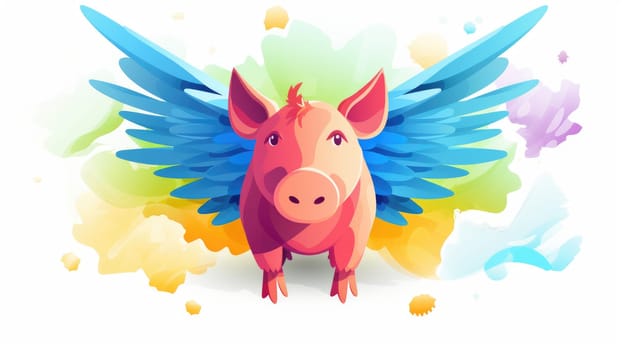 Piggy bank dreams cartoon illustration - AI generated. Piggy, wings, clouds, coin.