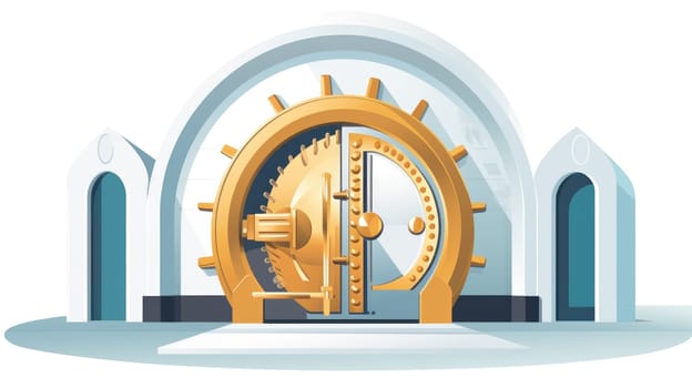 Safe investment cartoon illustration - AI generated. Strongbox, lock, blue, yellow.