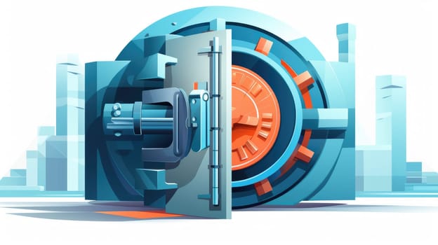 Safe investment cartoon illustration - AI generated. Strongbox, lock, blue, yellow.