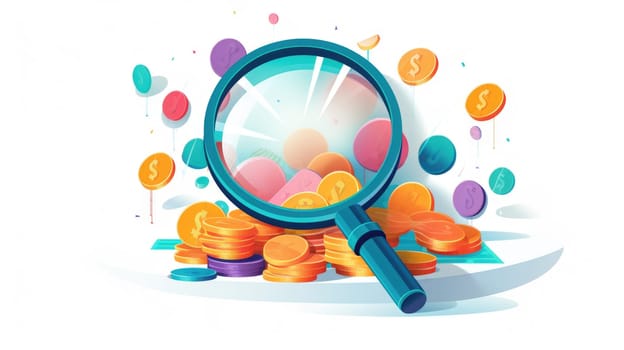 Smart spending cartoon illustration - AI generated. Magnifier, colorful, circles, diagram.