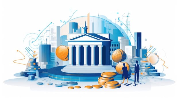 Wealth blueprint cartoon illustration - AI generated. Bank, building, businessman, coin.