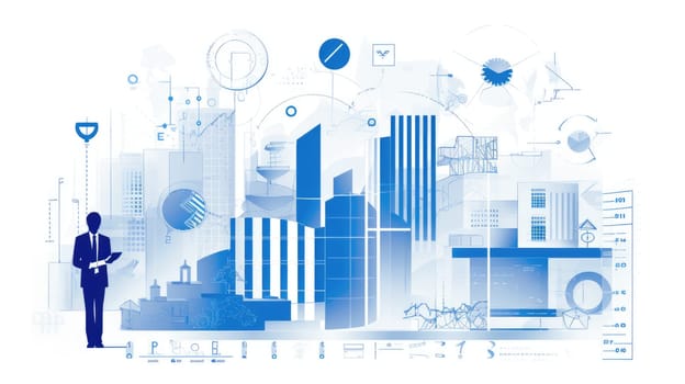 Wealth blueprint cartoon illustration - AI generated. Bank, building, businessman, coin.