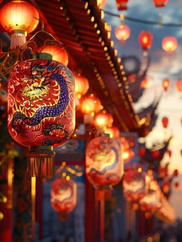 A dragon lantern, symbolizing tradition and luck, hangs as a festive decoration for Chinese New Year on the roof of a building, illuminating the darkness with its intricate metal design