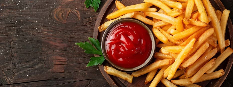 Fried French fries on a wooden plate with sauce, Food Generative AI,