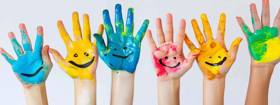 Children's hands in the colors of summer. Selective focus.