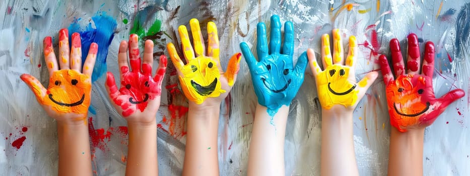 Children's hands in the colors of summer. Selective focus.