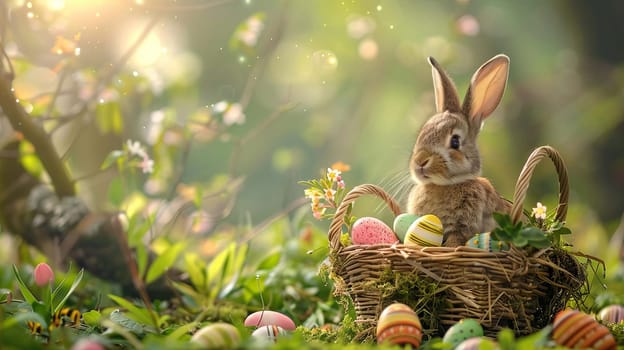little fluffy bunny with easter eggs, holidays, Generative AI,