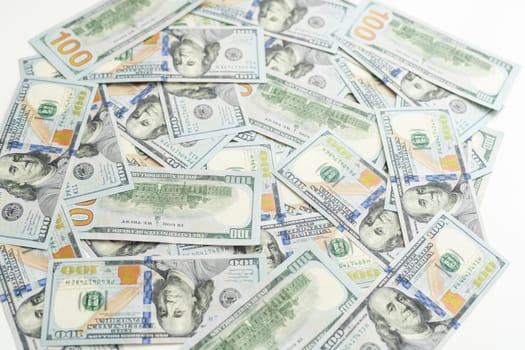 Very big amount of US hundred dollar bills close up. Huge quantity of united states currency notes on flat table. High quality photo